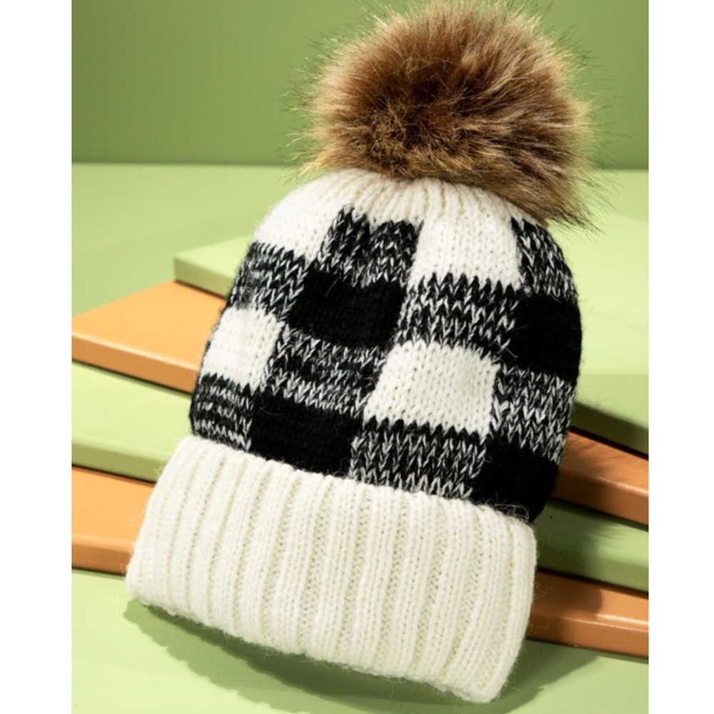 NEW Buffalo Check Knit Print Beanie with Faux fur Pom Pom